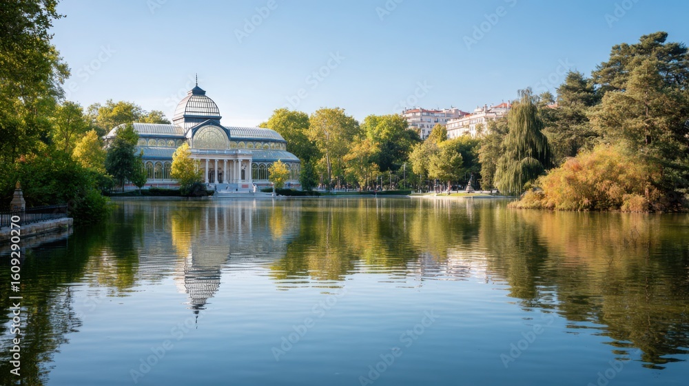 Fototapeta premium Retiro Park in Madrid, minimalistic composition with crystal palace, reflections on the lake, green trees