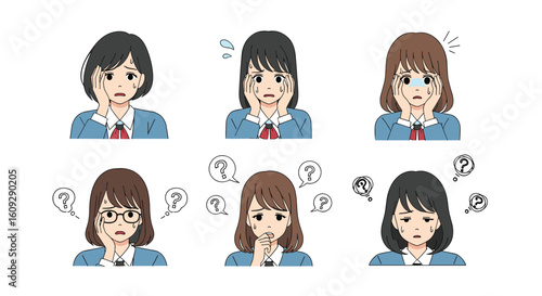 Pixel art depiction of six young women expressing various negative emotions through facial expressions and symbols