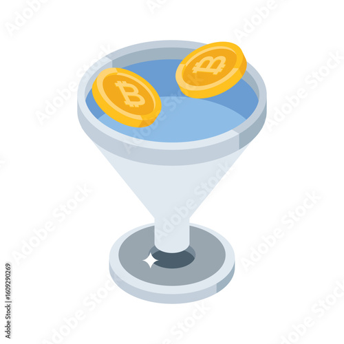 A captivating isometric icon of bitcoin funnel in action