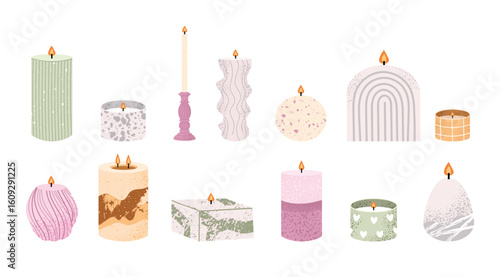 Big cozy candle collection. Decorative wax candles in different shapes, textures and colors. Cute home decor elements for autumn, winter and holidays. Vector illustration isolated on white background.