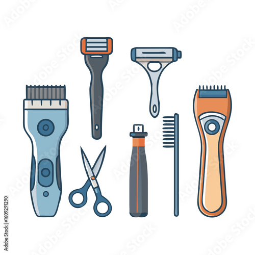 Shaving Razors and Barber Tools Vector Set – Straight Razors, Safety Razors, Electric Trimmers, and Grooming Icons