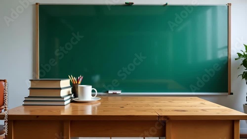 Wallpaper Mural Teacher's desk in a classroom with a large green whiteboard, perfect for education, lectures, and presentations in 4k Torontodigital.ca