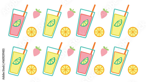 Pink and yellow drinks with strawberries and orange slices glass