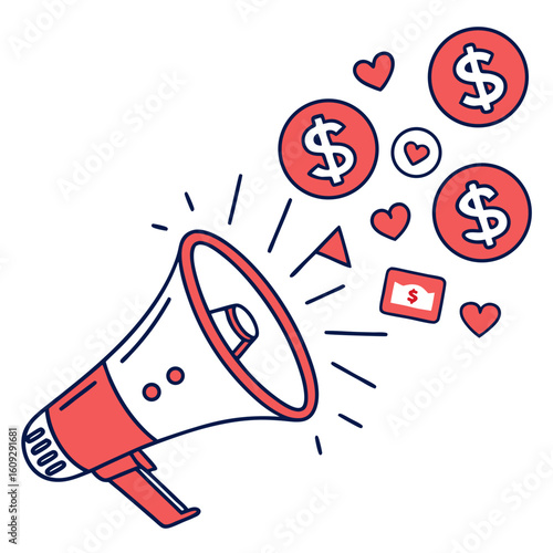 Promotional marketing announcement with megaphone, money, and hearts for social media engagement boost