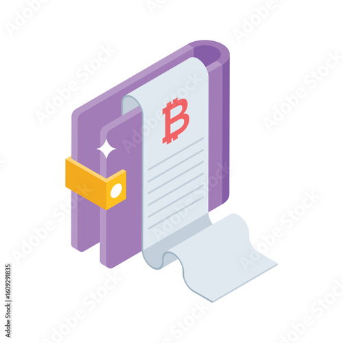 An innovative isometric icon showing bitcoin invoice