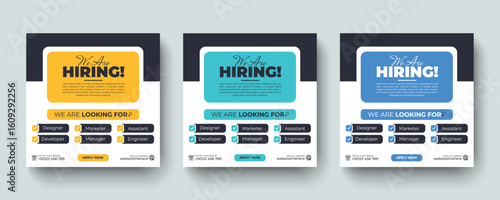 We are hiring job vacancy social media post and square web banner design template. Hiring job vacancy promotional social media advertising post banner layout design.