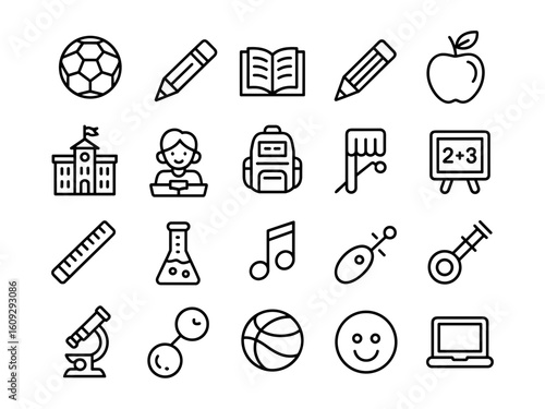 School and education icons with books, apple, paint palette, classroom, and sport symbols in minimal outline vector illustration