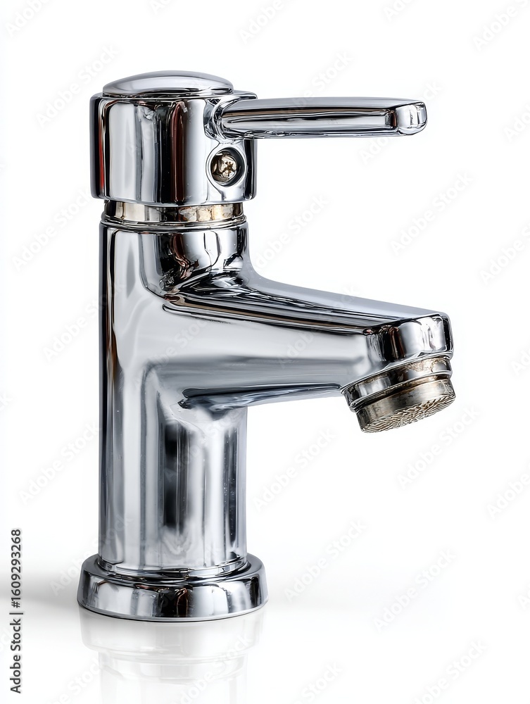 Realistic close-up of a modern faucet sanitary mixer on a clean sink with white background, showcasing sleek design and high-quality materials for bathroom and kitchen use Realistic close-up of a modern faucet sanitary mixer on a clean sink with white background, showcasing sleek design and high-quality materials for bathroom and kitchen use