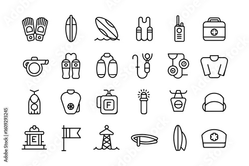 Rescue and beach patrol icon set, black outline safety tool vector illustration