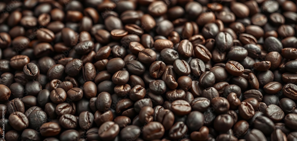 Fototapeta premium Dark roasted coffee beans, rich aroma, ready to brew, cafe, dark roast