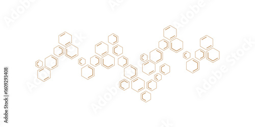 An abstract pattern of geometric hexagonal shapes, some outlines and some double-lined, forming interconnected clusters in a subtle gold or bronze hue on a clean white background.