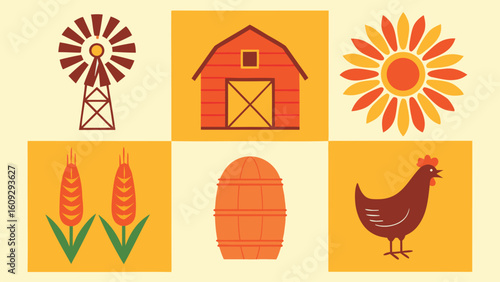 Rustic farm elements windmill barn sunflower wheat barrel chicken vector
