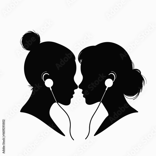 Two friends sharing earphones listening to music together. Silhouette illustration of female friendship and shared experience. Concept image ideal for social media posts, blog graphics,