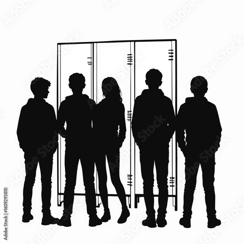 Teenagers standing by school lockers. Group of high school students chatting near metal lockers before class.  High school students socializing, creating a friendly atmosphere near lockers.