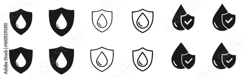 Vector art of collection of water drop and shield icons representing protection on white background.