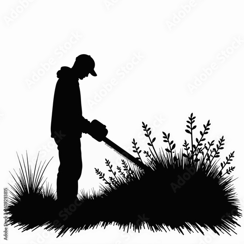 Gardener trimming hedge with hedge trimmer in fall park, creating a neat and manicured space. Gardener trimming hedge, silhouette of craftsman shaping green bushes,