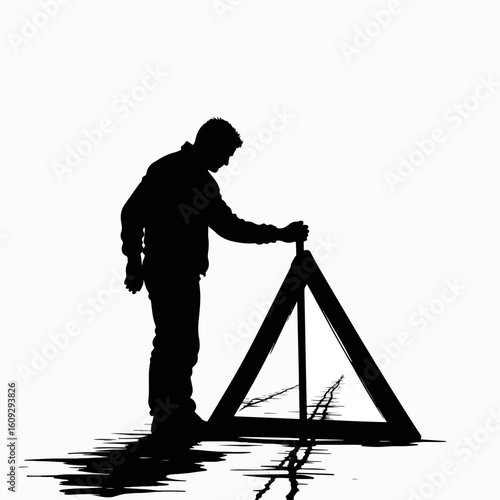 Man placing warning triangle on road near accident site, an important action for safety. Man placing warning triangle gives caution to oncoming traffic.