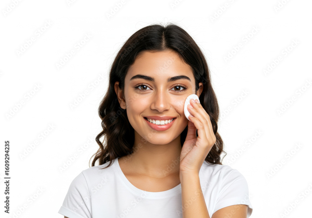Cute and happy Hispanic young woman looking at camera while cleaning her face with cotton pad isolated on white background Cute and happy Hispanic young woman looking at camera while cleaning her face with cotton pad isolated on white background