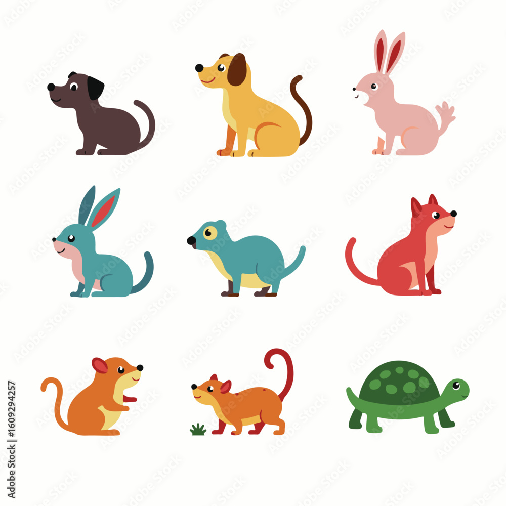 Fototapeta premium Colorful flat vector cartoon animal silhouettes collection – cute wild, domestic, aquatic, jungle, fantasy, and forest animals in minimalist kid-friendly style on white background