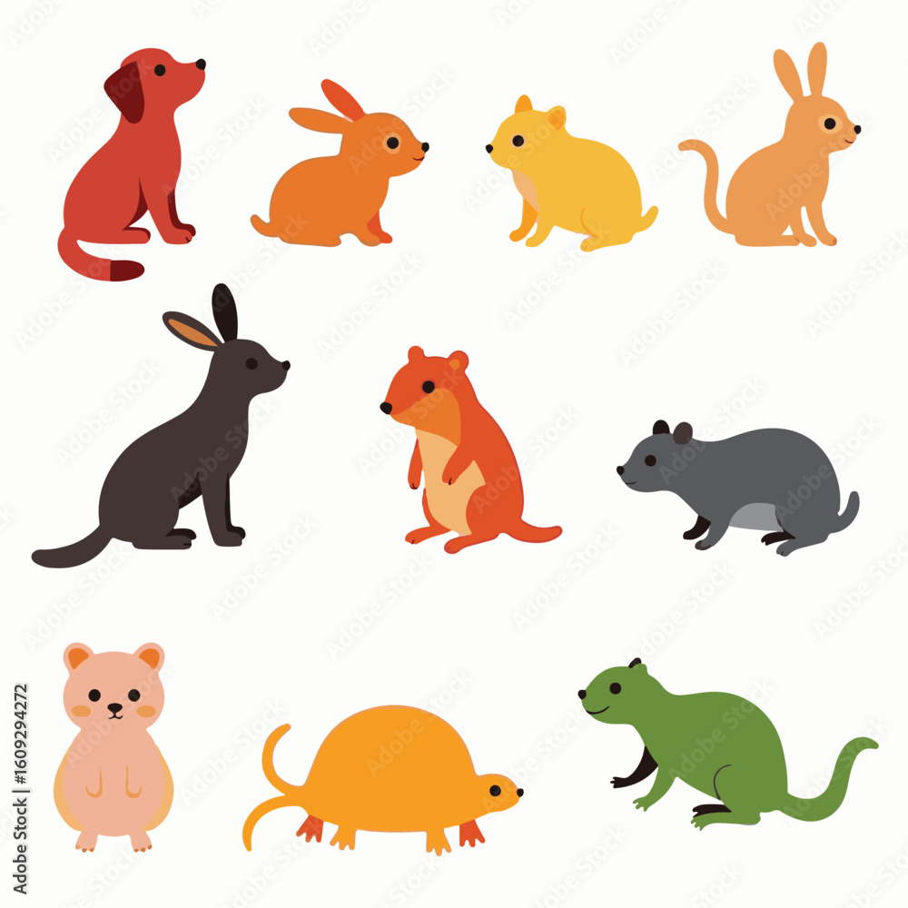 Fototapeta premium Colorful flat vector cartoon animal silhouettes collection – cute wild, domestic, aquatic, jungle, fantasy, and forest animals in minimalist kid-friendly style on white background