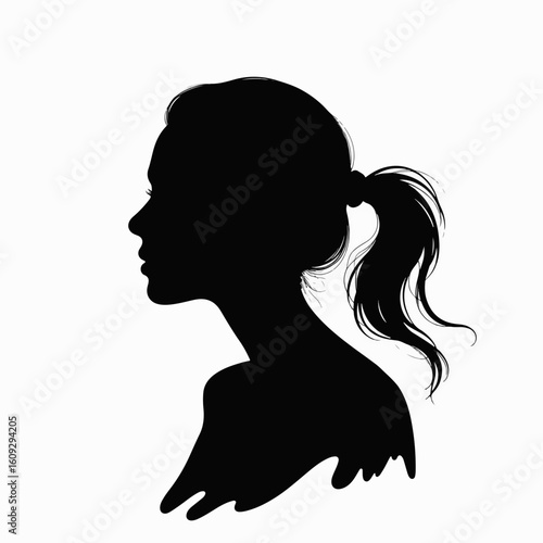 Woman tying hair in ponytail, shown in silhouette against plain background, woman adjusting her hair for comfort. Woman tying hair in ponytail is presented simply, emphasizing natural style.