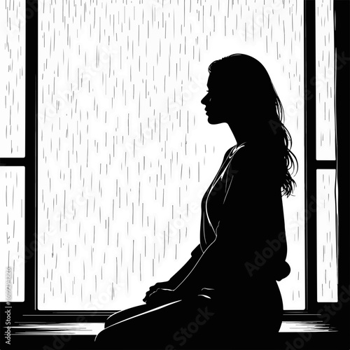Woman watching rain through window, absorbed in contemplation. Woman watching rain through window feels calmness in solitude, her silhouette outlined against falling droplets, providing a serene view.