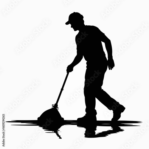 Worker placing wet floor sign silhouette on white background. Wet floor warning for safety in public place. Worker places warning, preventing slips in public areas,