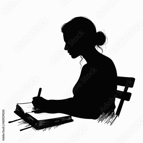 Silhouette woman writing in leather journal, black silhouette against white. Woman writing, absorbed in thoughts, capturing ideas in a journal with a leather cover, creating personal narrative.