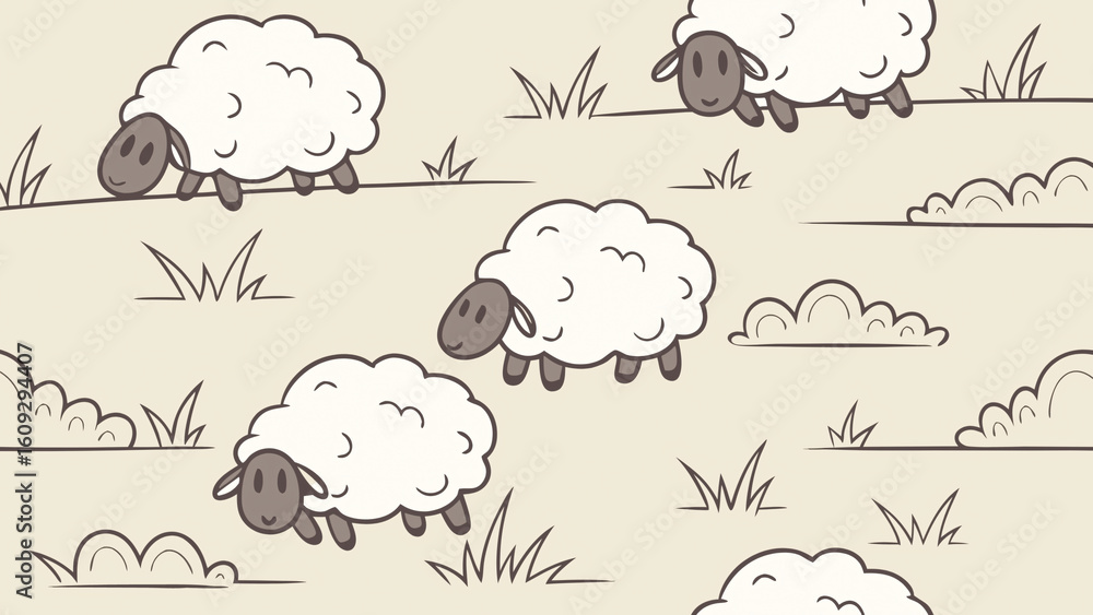 Fototapeta premium Cute cartoon sheep on rolling hills, fluffy bodies, peaceful grazing poses, simple landscape elements, soft beige natural background.