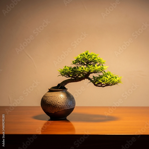 A small bonsai tree in a rustic vase on a polished wooden table, with a painted beige wall in the minimal background. The scene is lit by warm, incandescent light, highlighting the natural textures.