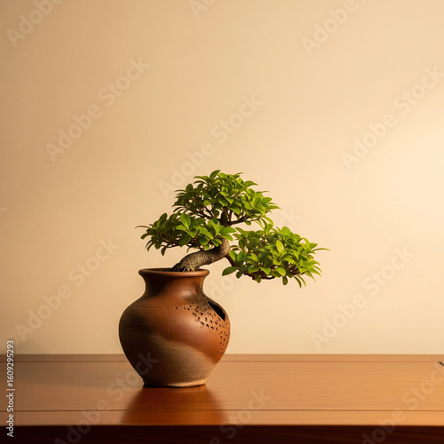 A small bonsai tree in a rustic vase on a polished wooden table, with a painted beige wall in the minimal background. The scene is lit by warm, incandescent light, highlighting the natural textures.