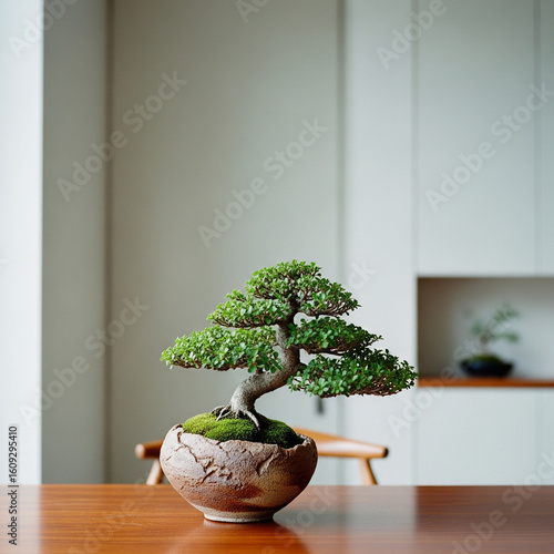 A small bonsai tree in a rustic vase on a polished wooden table, with a minimal light wall in the minimal home background