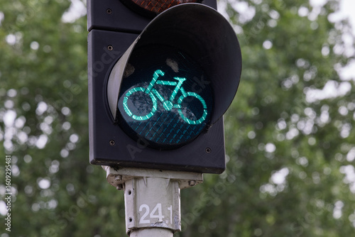 A close-up of a bicycle traffic light displaying a vibrant green bicycle symbol, indicating 