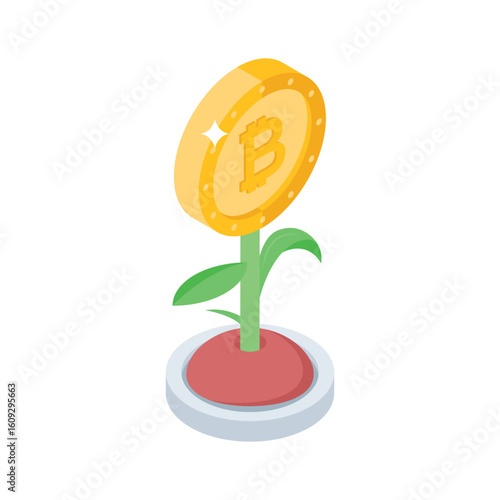 Check this isometric style icon of bitcoin plant growth