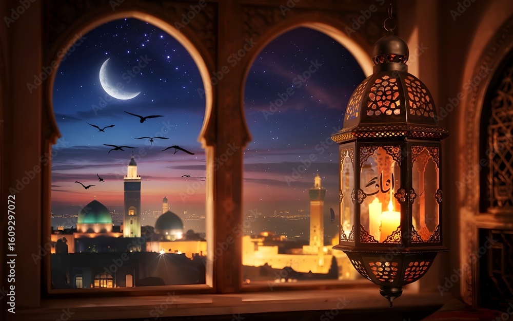 Fototapeta premium Islamic city skyline with crescent moon and ornate lantern image