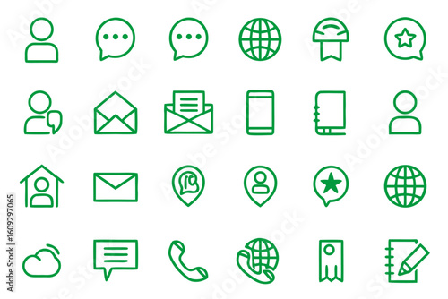 Clean outline symbols for communication and business featuring essential contact methods and user interaction elements in a modern graphic style