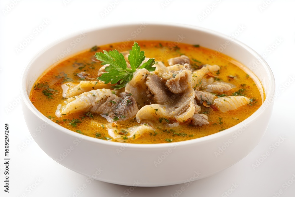 Delicious ciorb de burt served in a white bowl showcasing the rich flavors of traditional Romanian tripe soup prepared with fresh ingredients and herbs Delicious ciorb de burt served in a white bowl showcasing the rich flavors of traditional Romanian tripe soup prepared with fresh ingredients and herbs