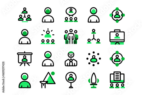 Teamwork collaboration outline symbols representing partnership and alliance presented in a clean line art style with vibrant color accents for modern business communication