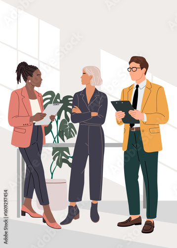 Different business team members standing, talking, communicating, taking part in business activities, casual meeting, brainstorming in modern office interior. Flat vector illustration