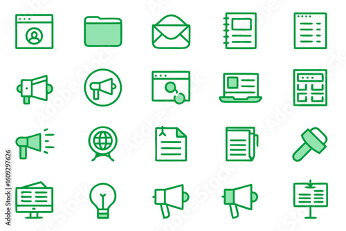 A comprehensive collection of modern clean line art symbols representing various aspects of writing content creation and communication for digital and print media applications