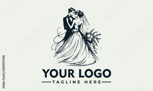 Elegant logo design of a bride and groom, showcasing a romantic couple in wedding attire.