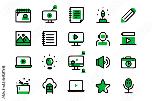 Collection of conceptual communication and writing symbols for marketing and content creation presented in a clean outline style with vibrant color accents