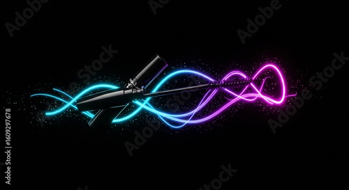Vibrant neon light trails illuminate a sleek mascara wand in a captivating abstract glow on black