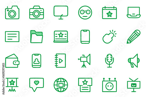 Comprehensive collection of professional line art symbols representing various aspects of writing content creation and communication for digital and print media applications