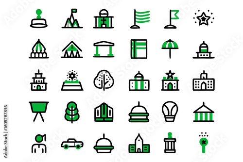 Collection of stylized line art symbols representing rural life and agricultural elements presented in a clean modern graphic design format with vibrant color accents