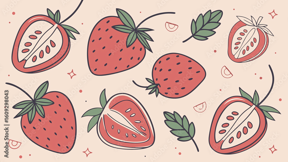 Modern strawberry pattern with red berries, green tops and decorative elements on pink background in minimalist style