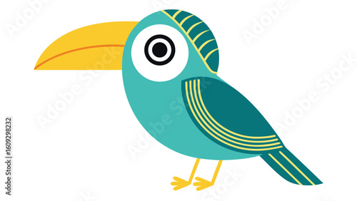 Stylized teal toucan with yellow beak and feet on white background bird animal