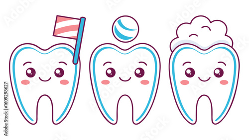Three cute cartoon teeth with happy faces and dental hygiene items tooth clean