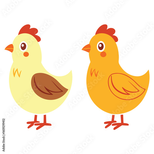 Two cartoon chickens yellow and orange with red combs and feet poultry bird