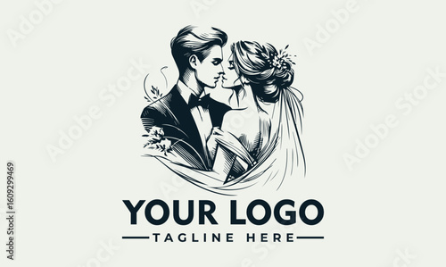 Elegant black and white illustration of a couple embracing, ready to kiss.